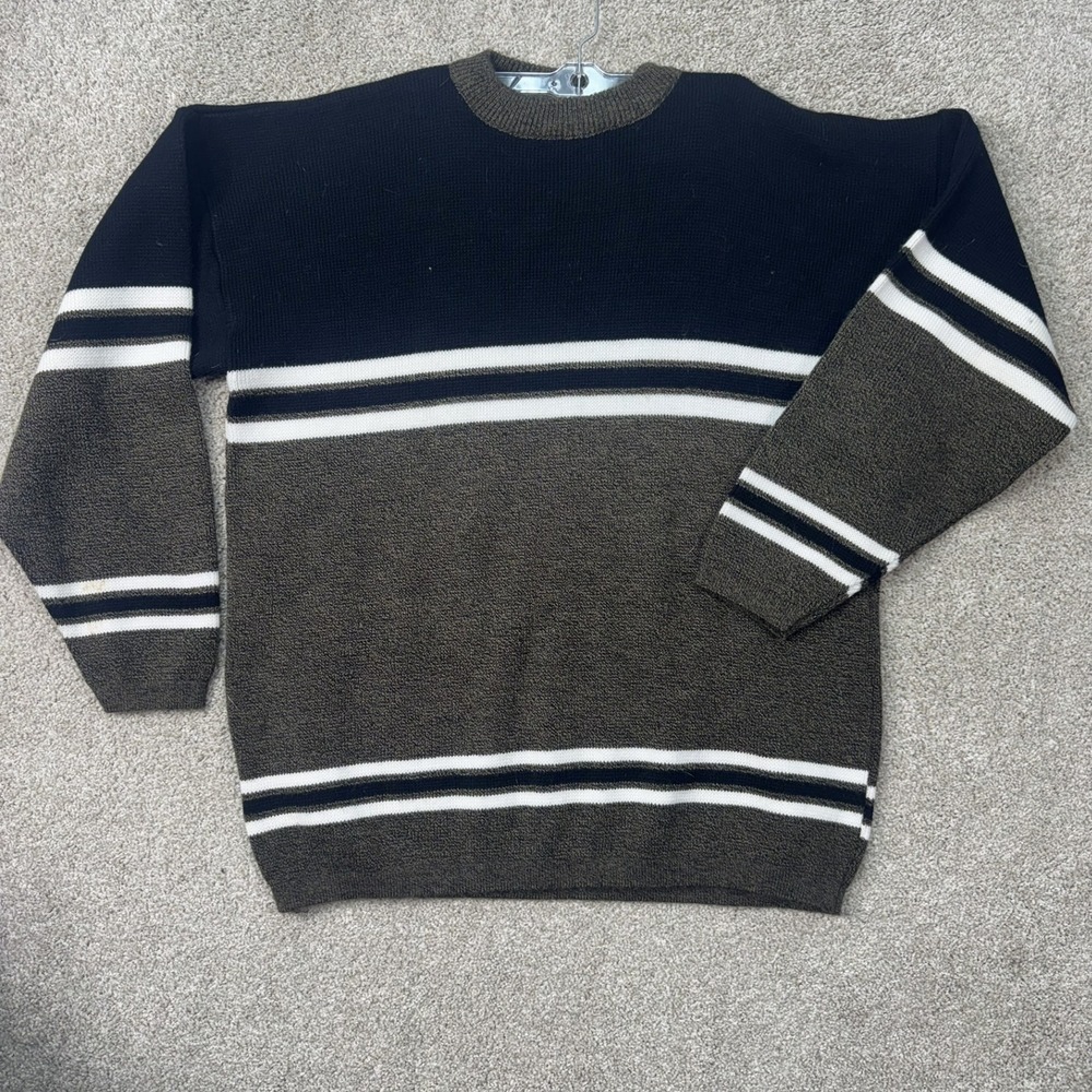 FUBU Crewneck Sweater Mens XL Black Brown Striped Vintage 90s Made in USA